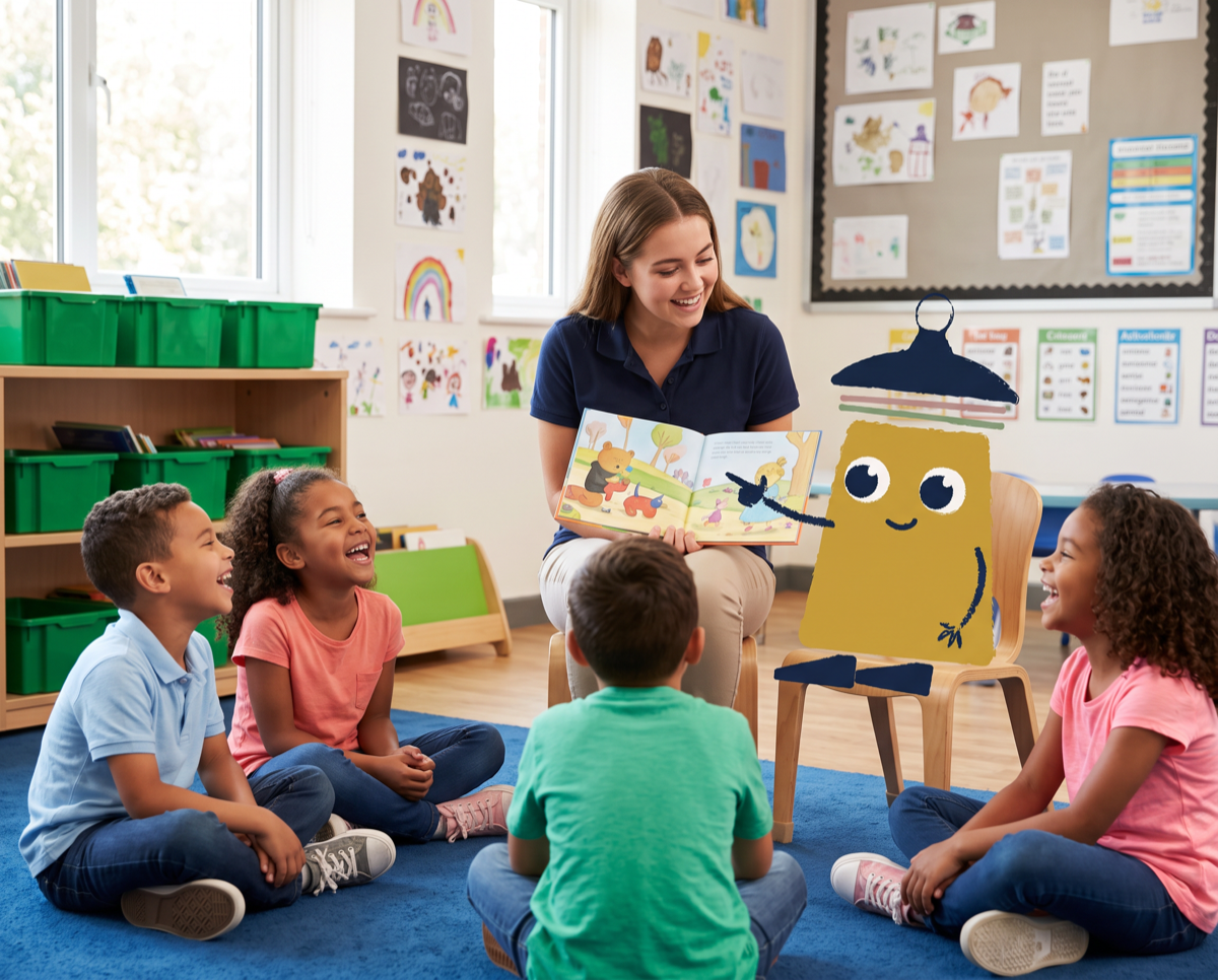 Educator and BrightPath mascot reading with children