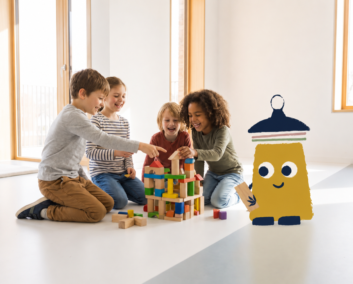 Children building with blocks alongside BrightPath mascot