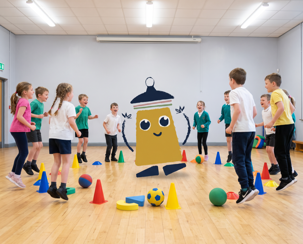 BrightPath mascot leading children in a group activity